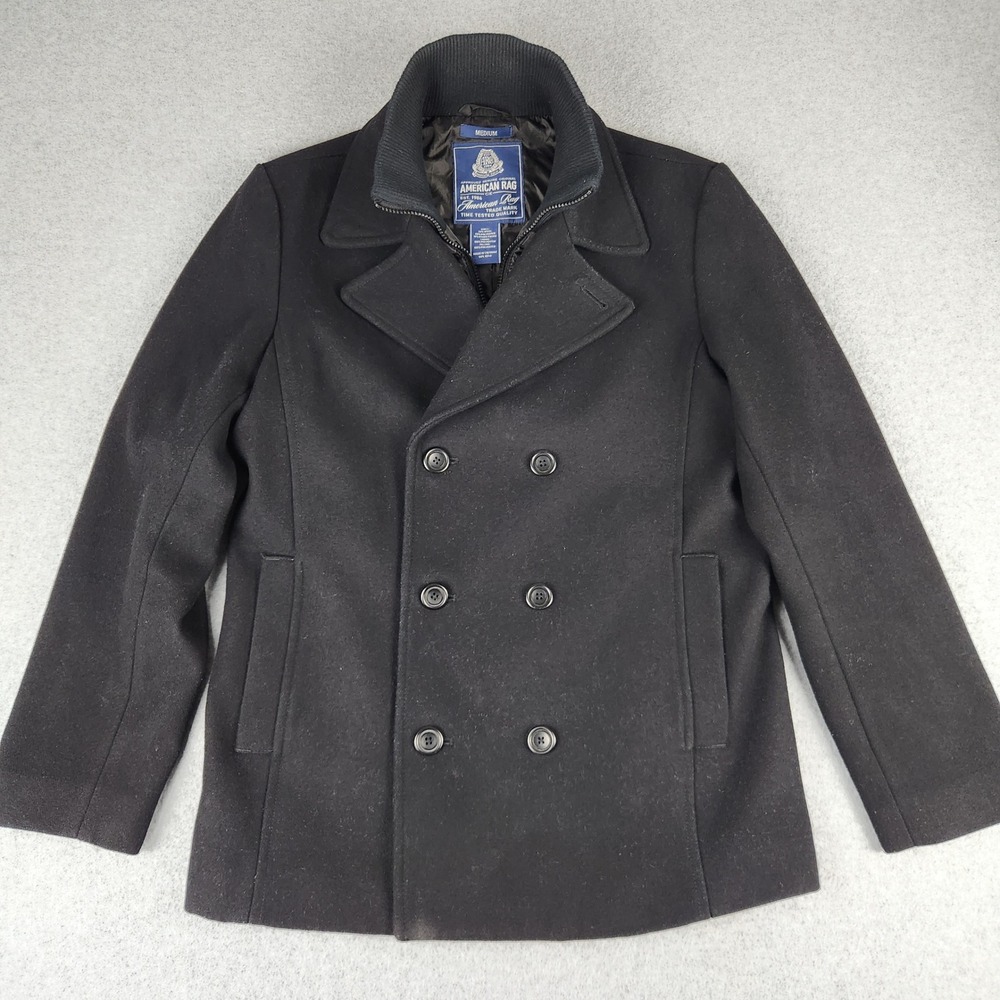 American Rag Peacoat Men Medium Black Double Breasted Wool Blend Quilted Bib Zip